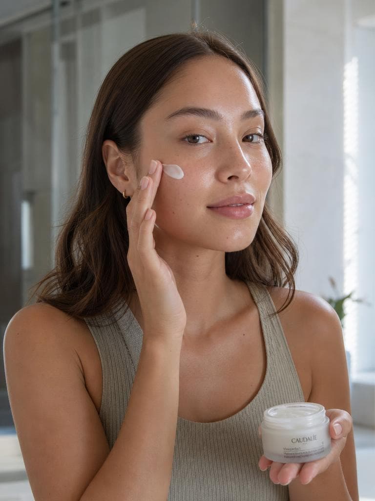 Donna che applica un prodotto skincare in bagno